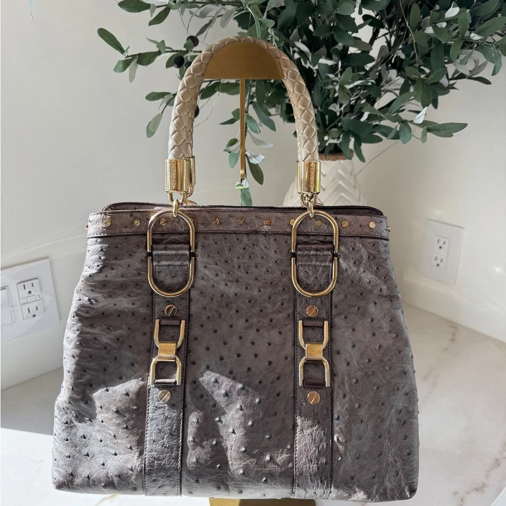 Versace Ostrich Handbag - Silver Grey with Champagne Hardware - Picture 5 of 17